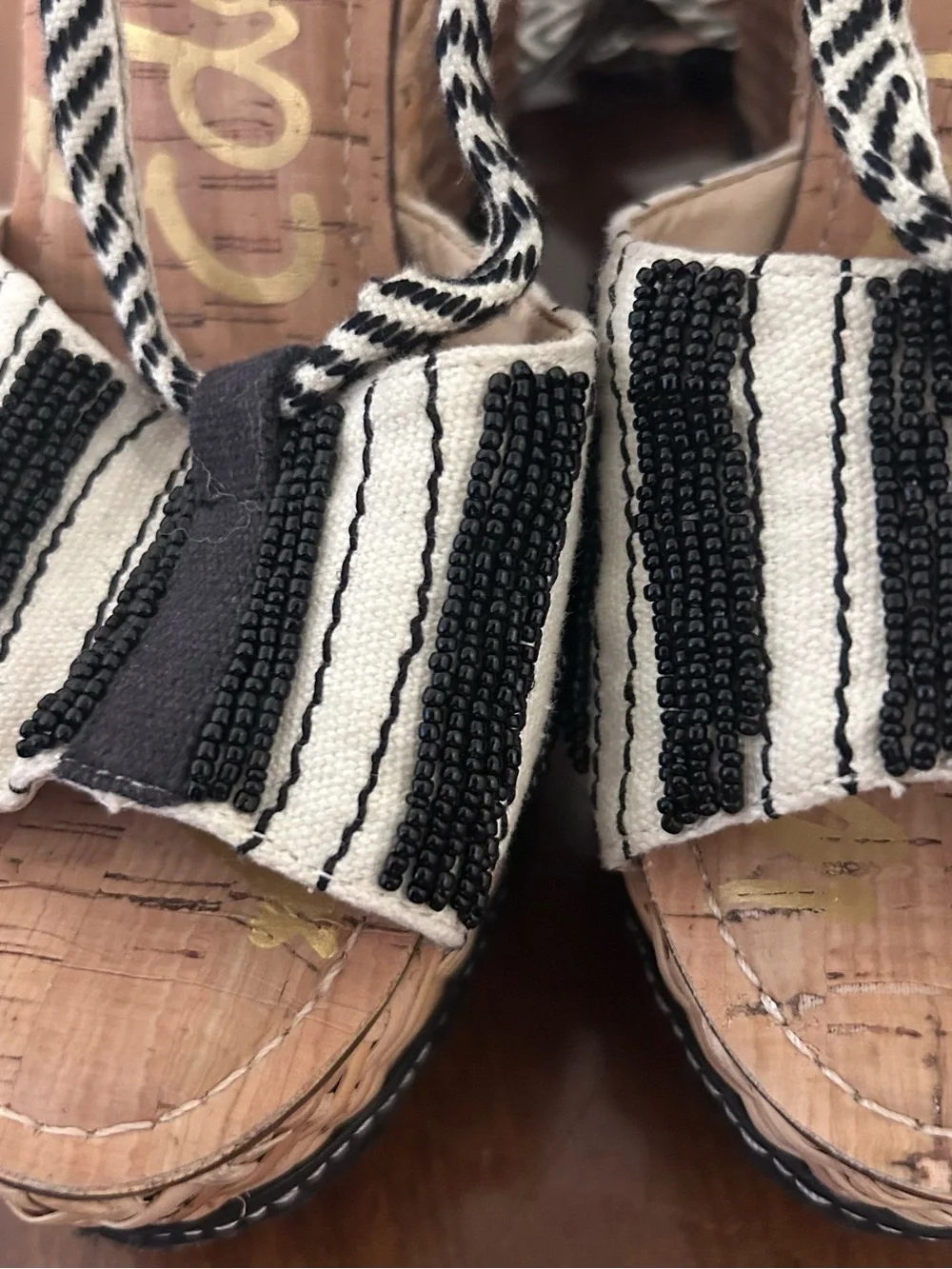 Sam Edelman Trey Black White Beaded Espadrille Wedge Platform Sandals size 8